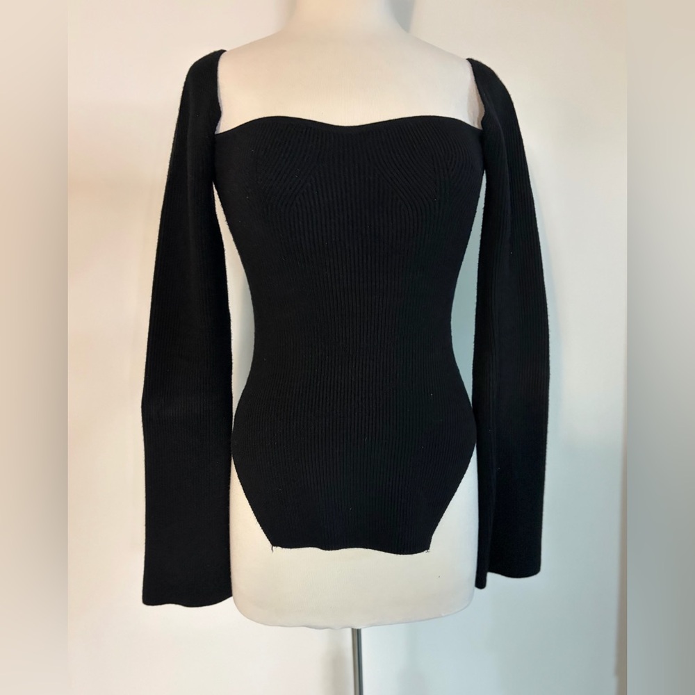 Black Ribbed Knit Long Sleeve Square Neck Crop Sweater